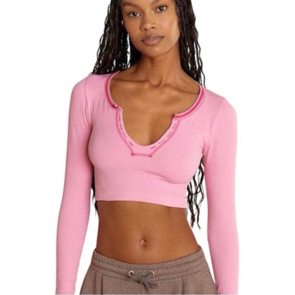 Urban Outfitters Pink Ribbed Notch-Neck Crop Top